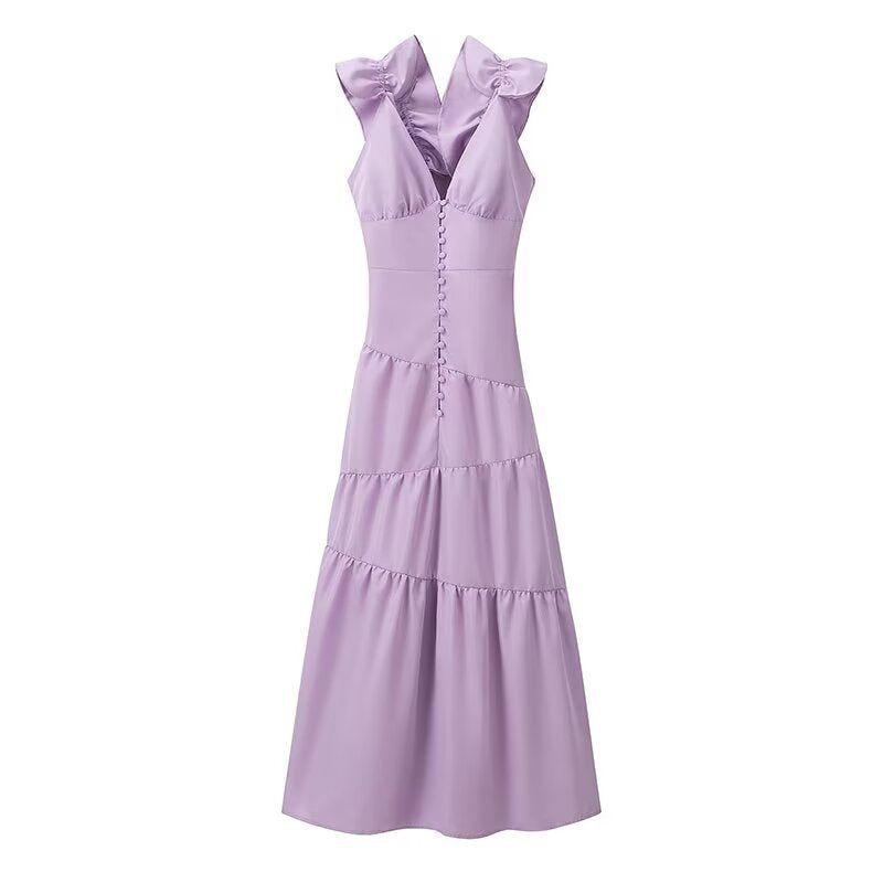 Maxi dress for women with a floating ruffle design and an elegant V neck Lune London