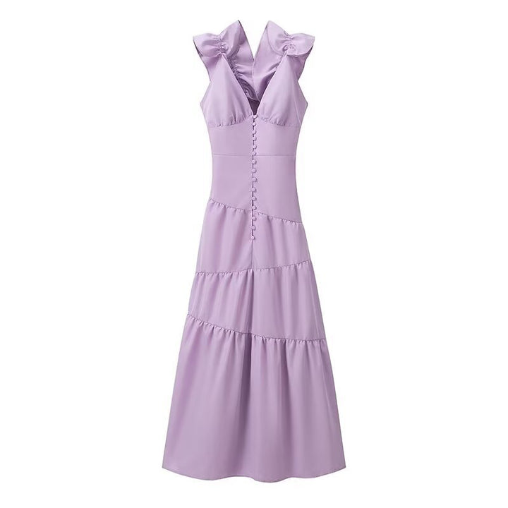 Maxi dress for women with a floating ruffle design and an elegant V neck Lune London