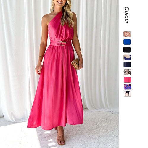 Women's evening dress with asymmetric strap design and elegant waist belt Lune London