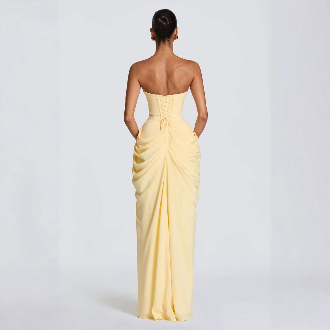Ladies Elegant Long Sleeve Evening Dress with Asymmetric Draping and Narrow Slit Lune London
