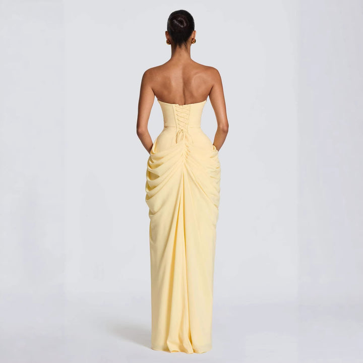 Ladies Elegant Long Sleeve Evening Dress with Asymmetric Draping and Narrow Slit