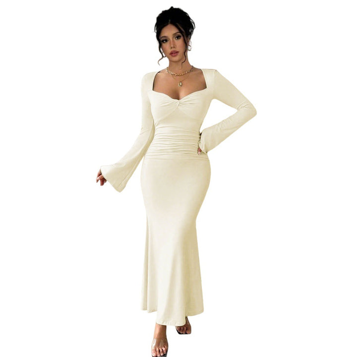 Elegant long sleeve maxi dresses for women with deep V neckline and stylish ruching Chic & Stil