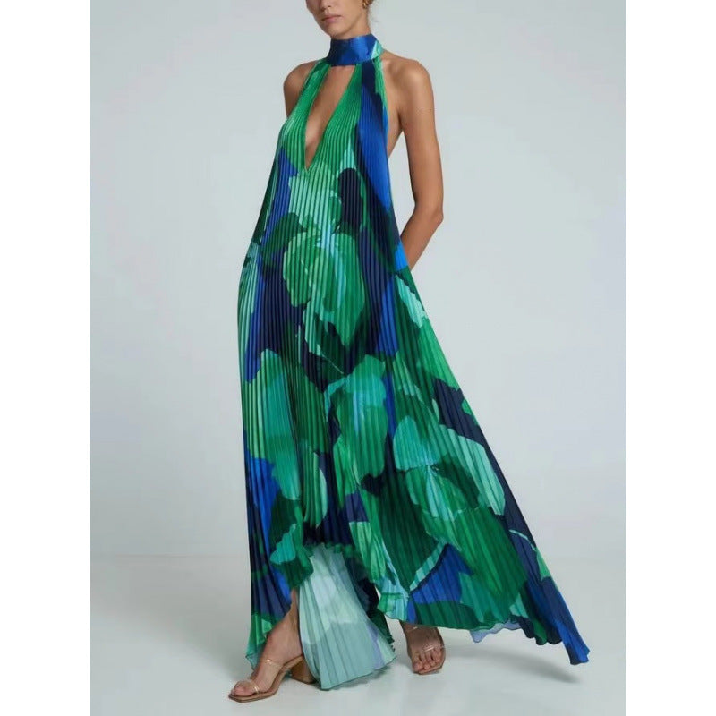 Pleated maxi dress for women with a chic halter neck design