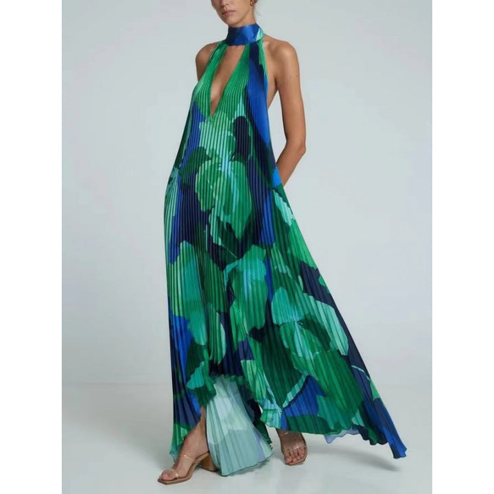 Pleated maxi dress for women with a chic halter neck design