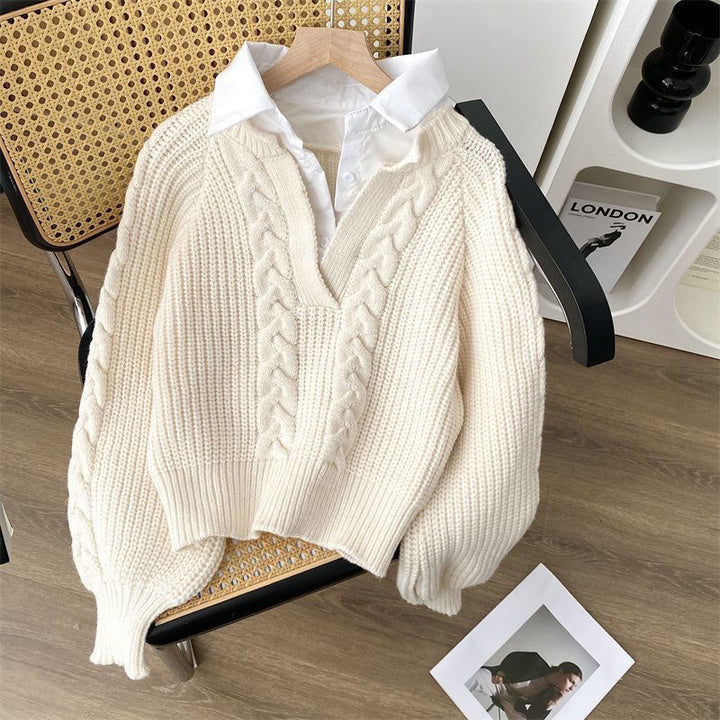 Sweater tricot élégant pour femmes avec décolleté en V profond et motif en câble Chic & Stil