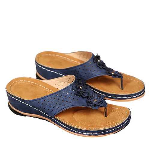 Strappy sandals for ladies with an elegant floral appliqué and anatomical foot support Lune London
