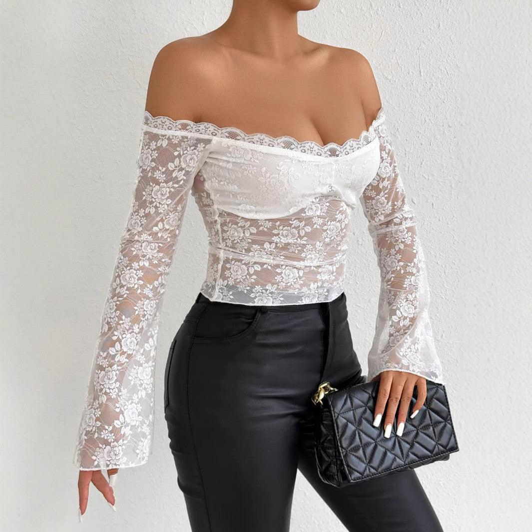 Women’s lace top with off-shoulder design and elegant trumpet sleeves Lune London