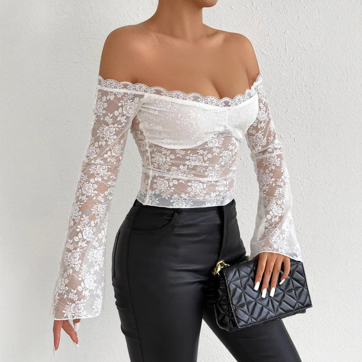 Women’s lace top with off-shoulder design and elegant trumpet sleeves Lune London