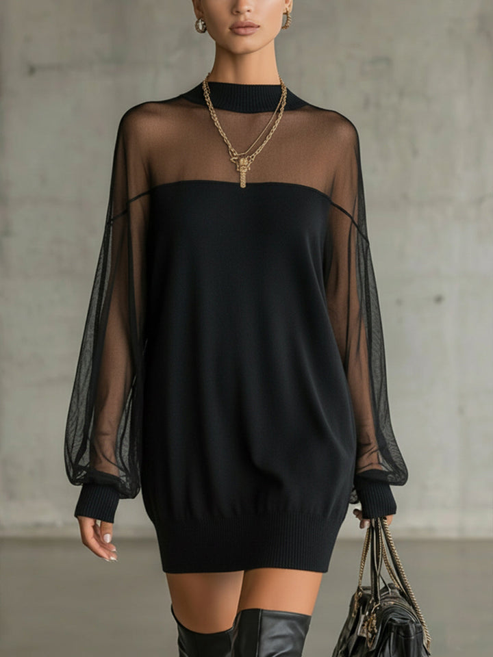 Women's Airy Mini Dress with Transparent Sleeve Parts and Stylish High Neck Lune London