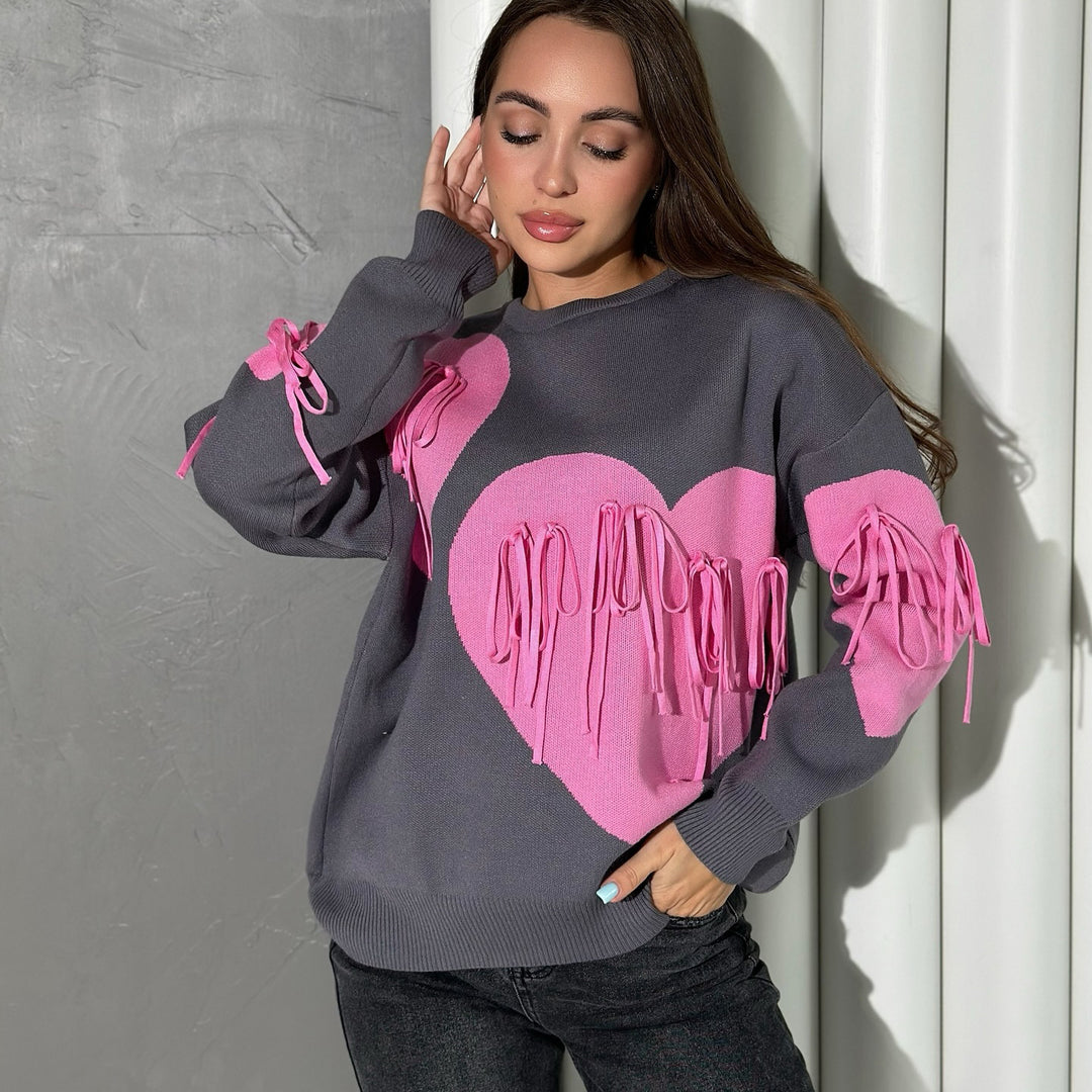 Fashionable women's sweater with a cheerful heart-shaped design and creative fringes Lune London