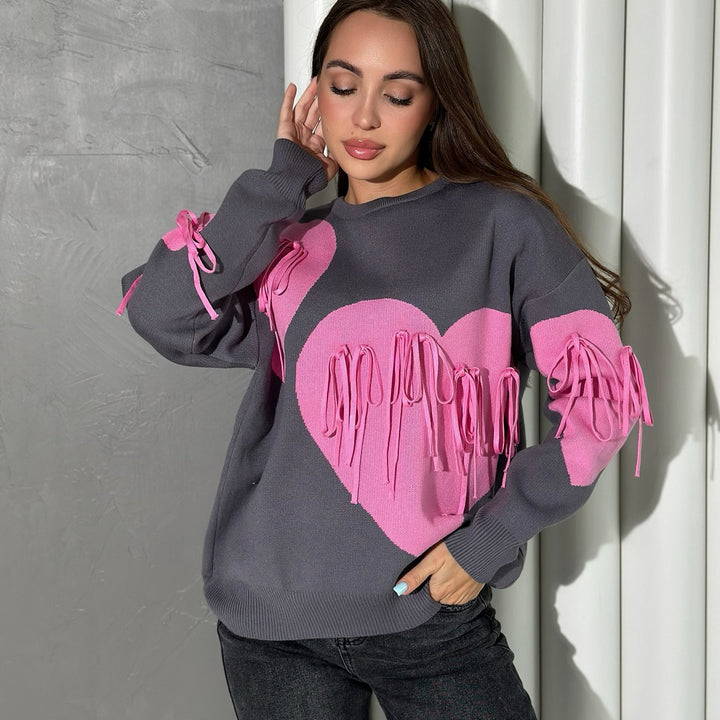 Fashionable women's sweater with a cheerful heart-shaped design and creative fringes Lune London