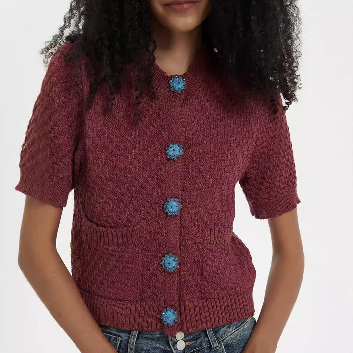 Knit jacket for women with an elaborate textured pattern and decorative buttons Lune London