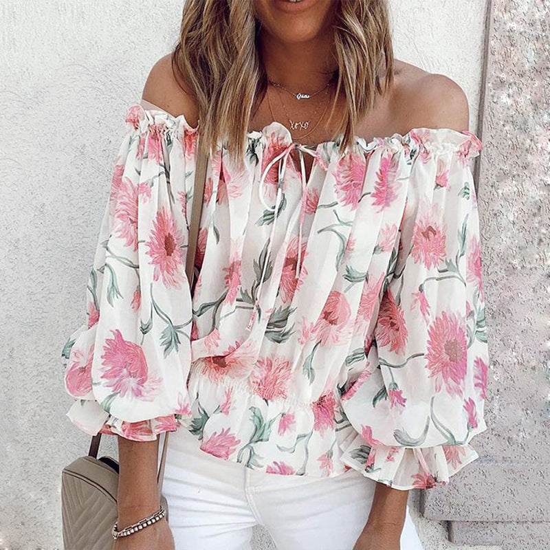 Off-shoulder blouse for women with floral patterns and ruffle details Lune London