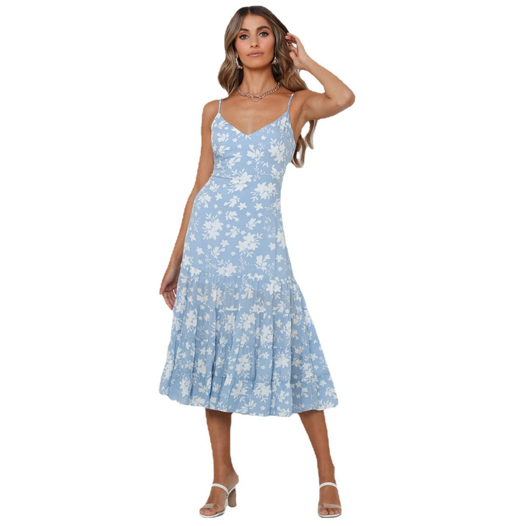 Women's midi dress with floral ruffles and swinging skirt Lune London
