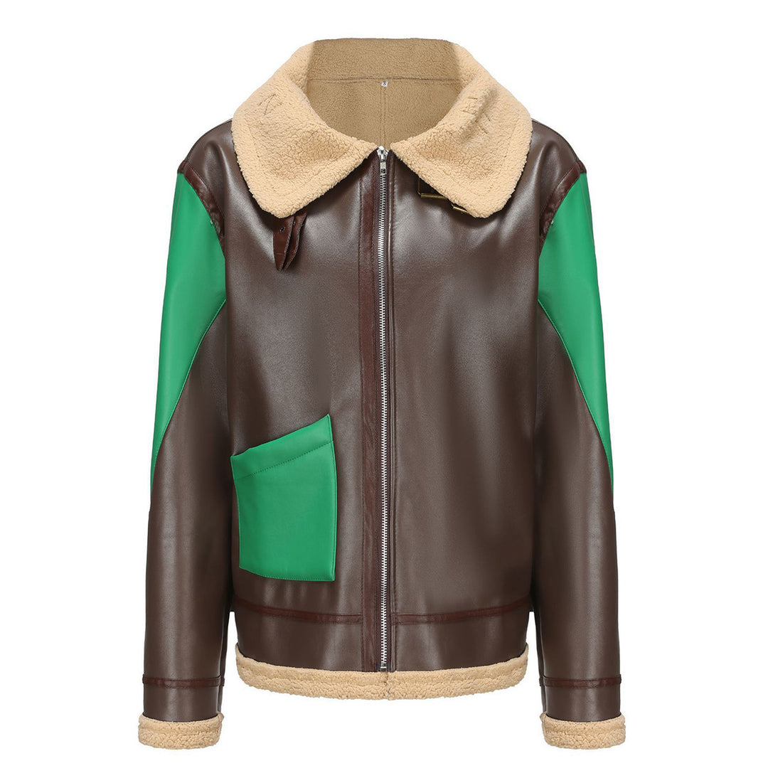 Trendy faux leather jacket for women with fur collar and contrasting details Lune London