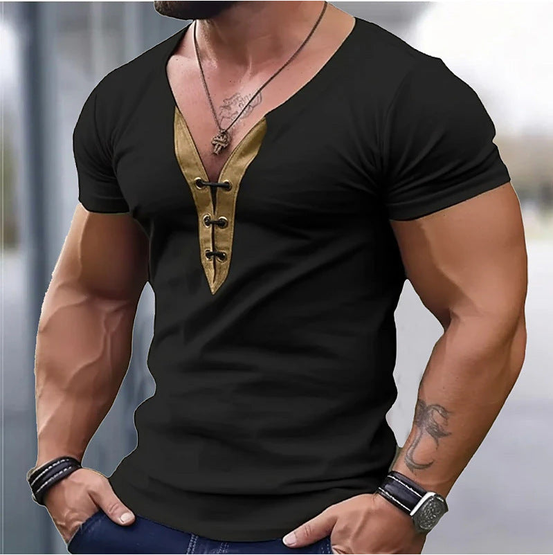 T-shirt tendance pour hommes à col en V avec boutonnière Lune London