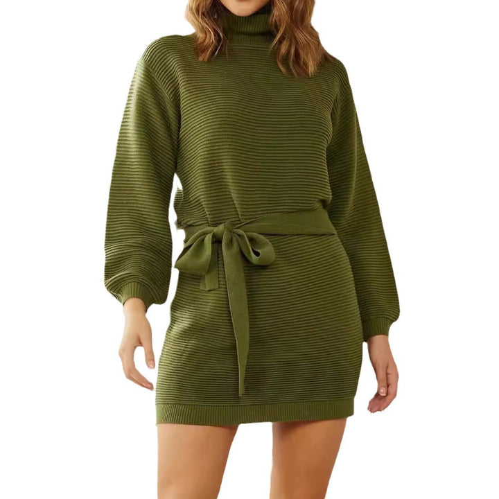 Knit dress for women with turtleneck and belt at the waist Lune London