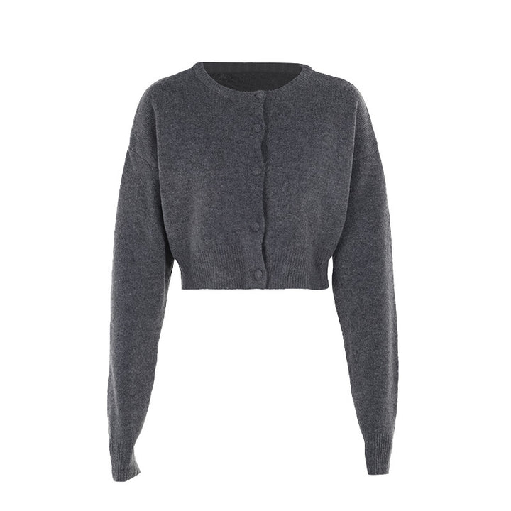 Lune London women's short knit sweater with round neckline and button closure