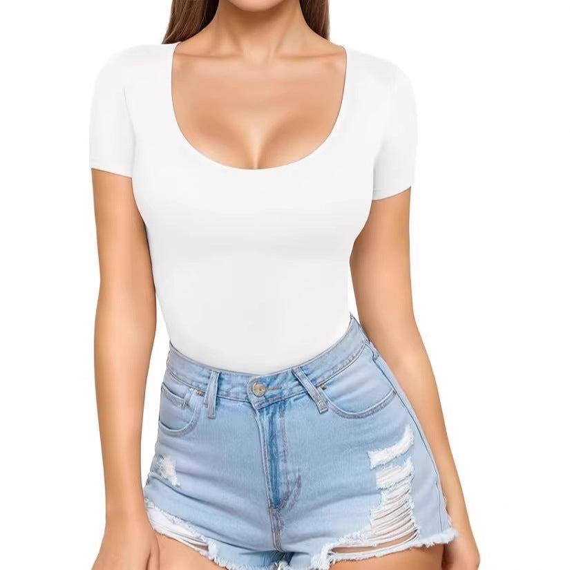 Women's fitted short-sleeve bodysuit with round neckline and seamless design Lune London