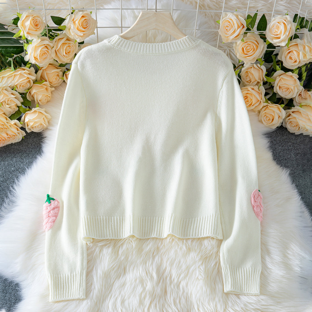Knit sweater for women with strawberry appliqués and a relaxed fit Lune London