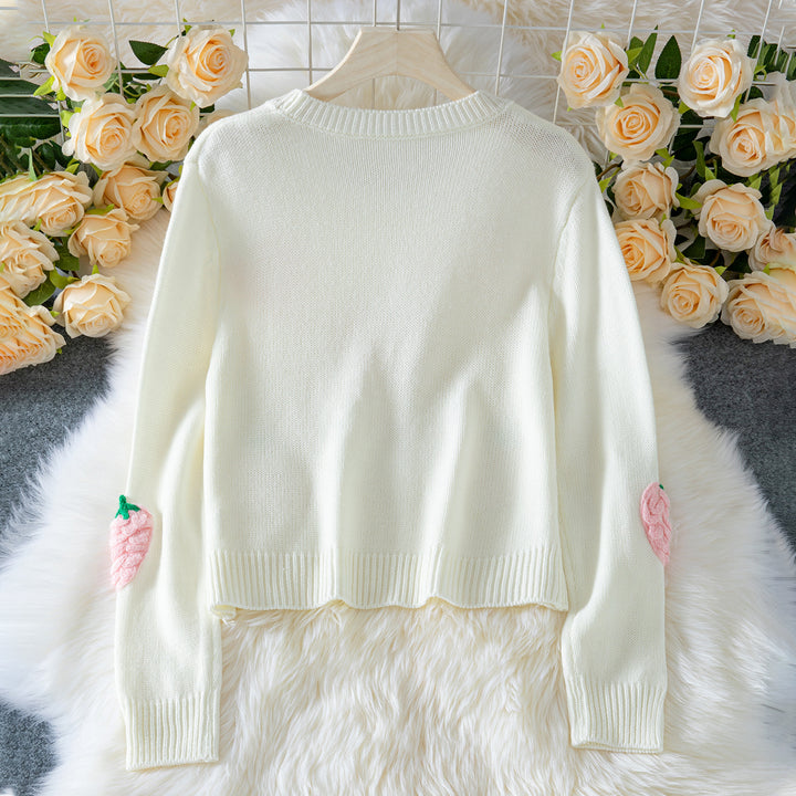 Knit sweater for women with strawberry appliqués and a relaxed fit Lune London