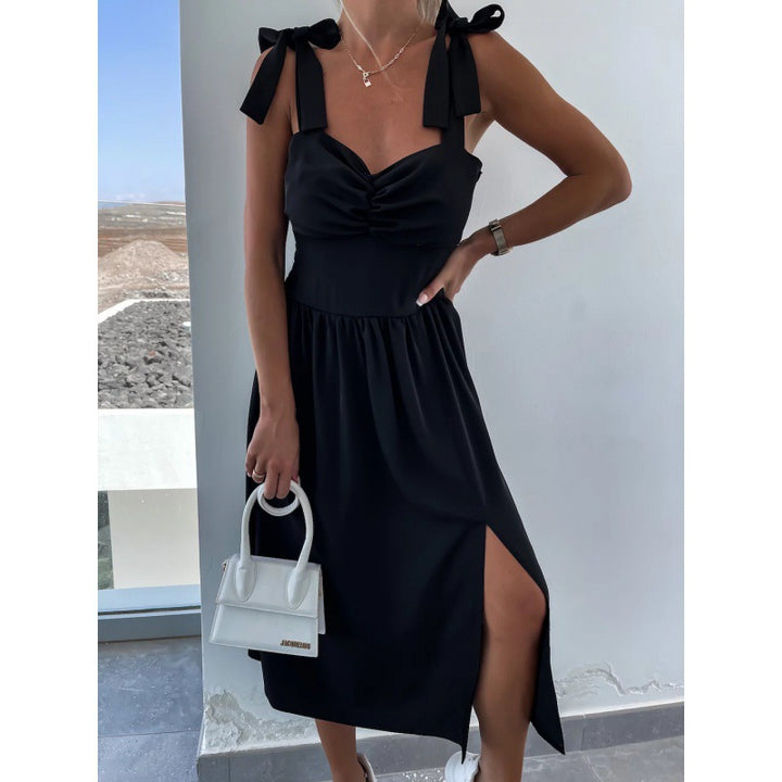 A-line midi dress for women with bow straps Lune London