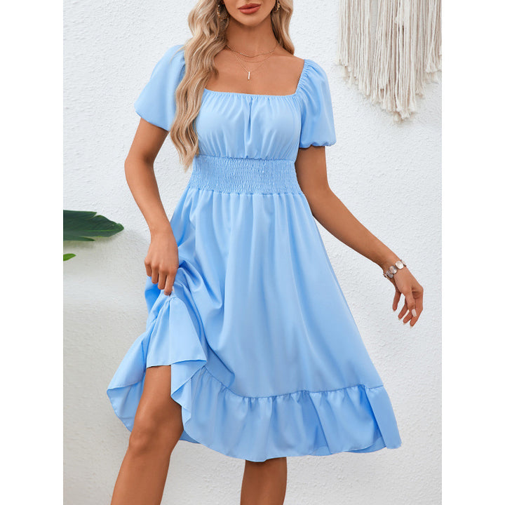 Square-necked smocked A-line dress for women with ruffled hem Lune London
