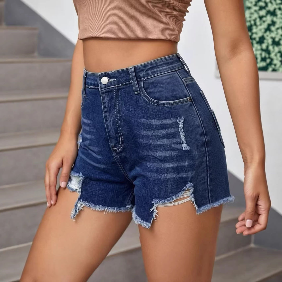 Women’s casual destroyed jeans shorts with high waist and frayed hems Lune London
