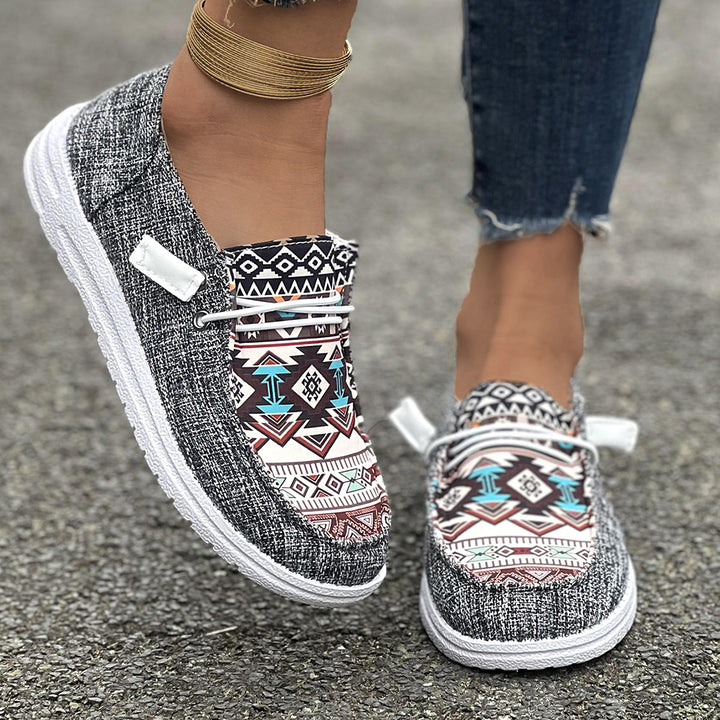 Casual slip-on sneakers for women with a trendy ethnic pattern Lune London