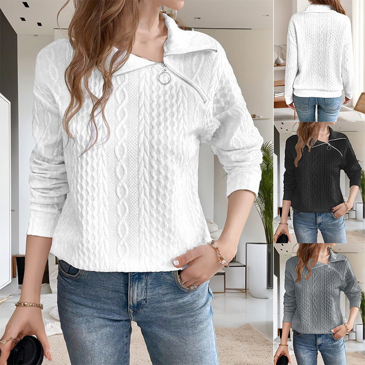 Casual knitted women's sweater with short zipper and textured surface Lune London