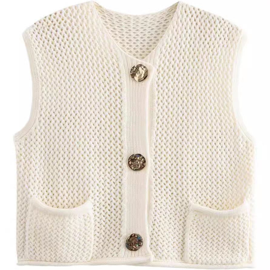 Ladies knitted vest with decorative buttons and pockets Lune London