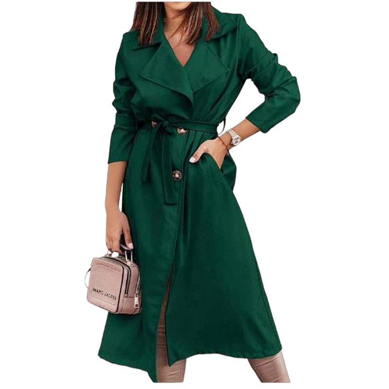 Elegant trench coat for women with a belt at the waist and large pockets Lune London