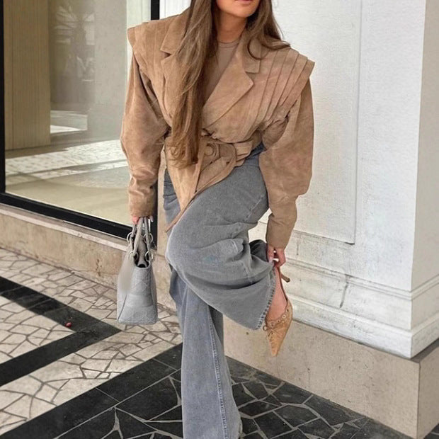 Ladies Elegant Jacket with Textured Details and Waist Belt Lune London