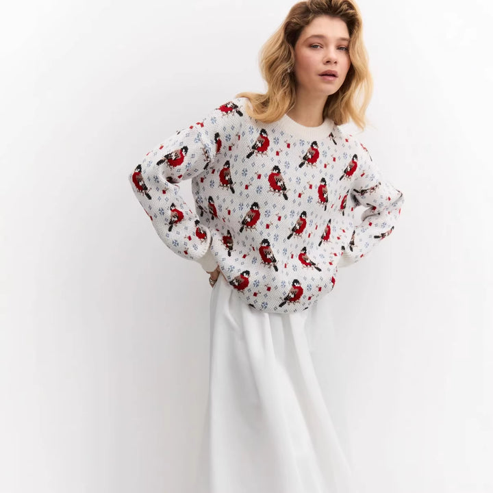 Dames Pull Confortable avec Motif Festif de Petits Oiseaux Chic & Stil