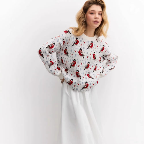 Dames Pull Confortable avec Motif Festif de Petits Oiseaux Chic & Stil