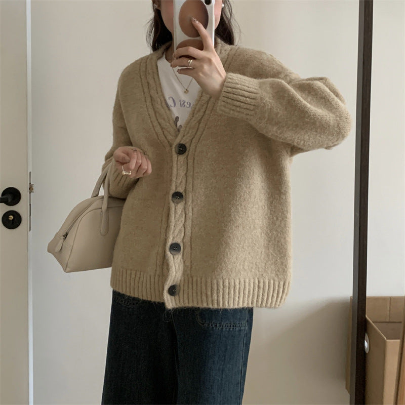 Ladies Comfortable Knit Sweater with an Elegant V Neck and Chic Button Details