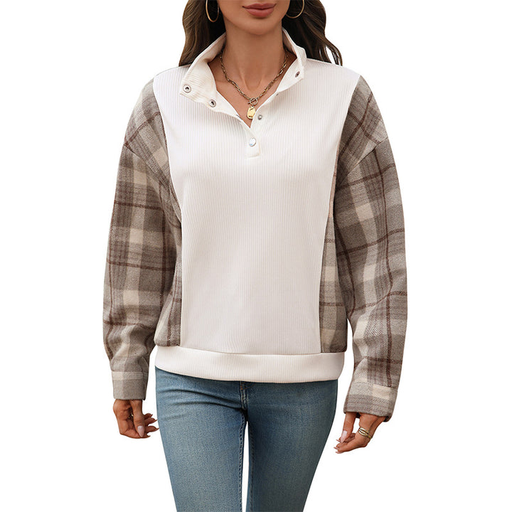 Sweat-shirt féminin à la mode avec motif à carreaux et détails de boutons Chic & Stil