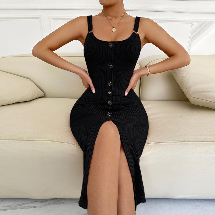 Women's knee-length fitted dress with button placket and slit Lune London