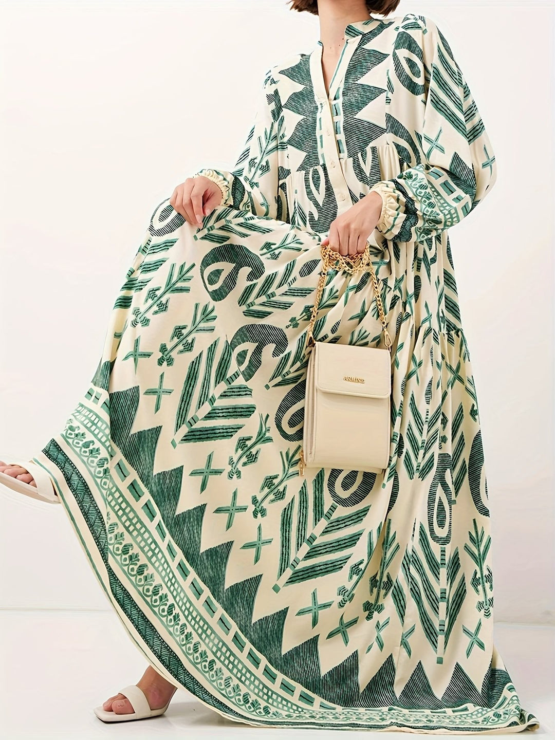 Maxi dress for women with artistic geometric pattern and button details Lune London