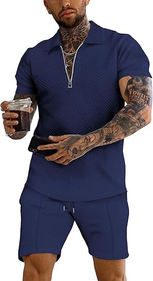 Men's trendy short-sleeve top with textured design and matching shorts Lune London
