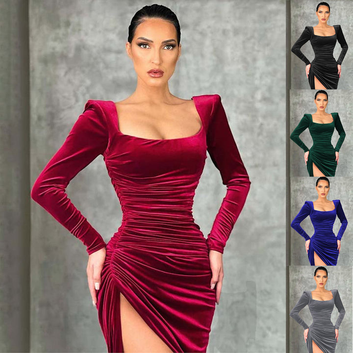 Elegant stretch dress for women with asymmetrical slit and long sleeves Lune London
