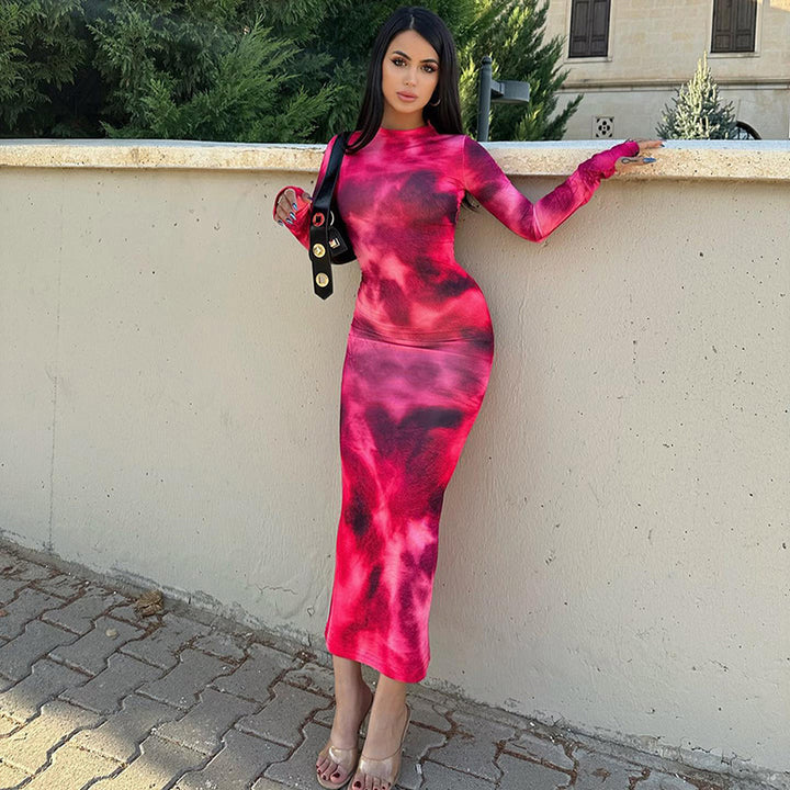 Lune London long sleeve maxi dress for women with plunging neckline