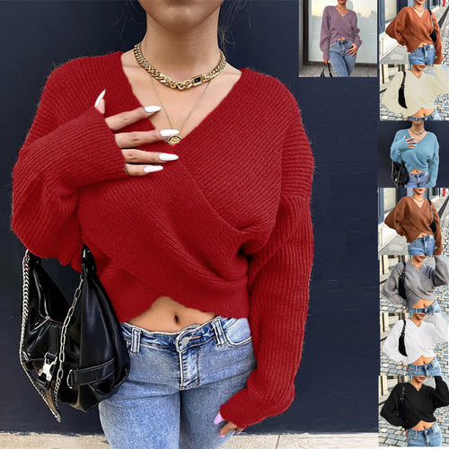 Ladies cozy wrap sweater with deep V-neck and wide sleeves Lune London