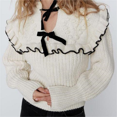Knitted sweater for women with ruffled collar and decorative bows Lune London