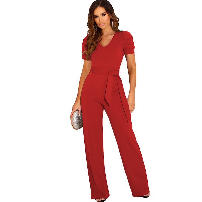 Elegant women's jumpsuit with waist belt and puff sleeves Lune London