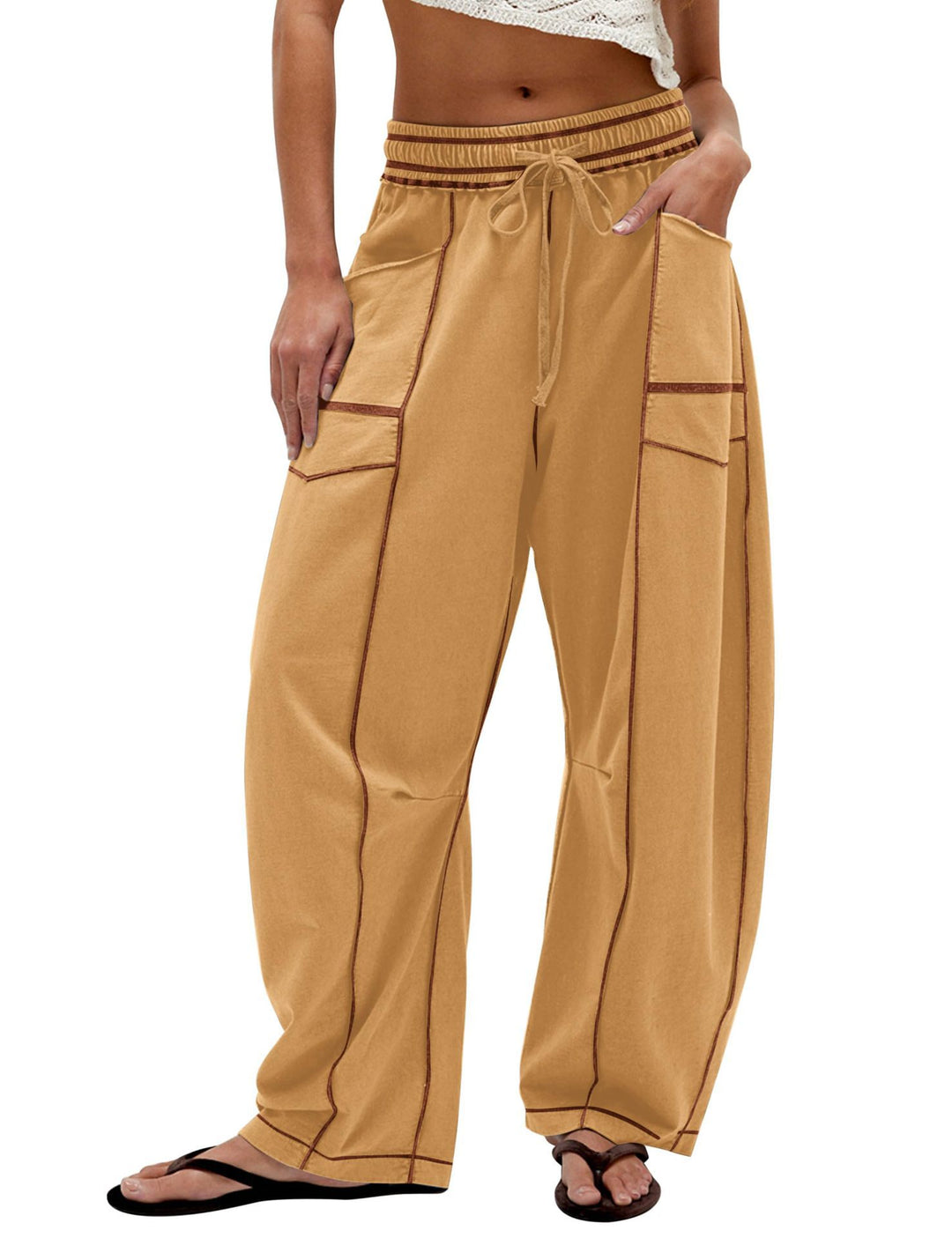 Ladies Comfortable Wide Pants with Practical Pockets and Elastic Belt Lune London