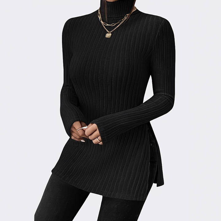 Women Long Sleeve Ribbed Knit Top with Turtleneck Lune London