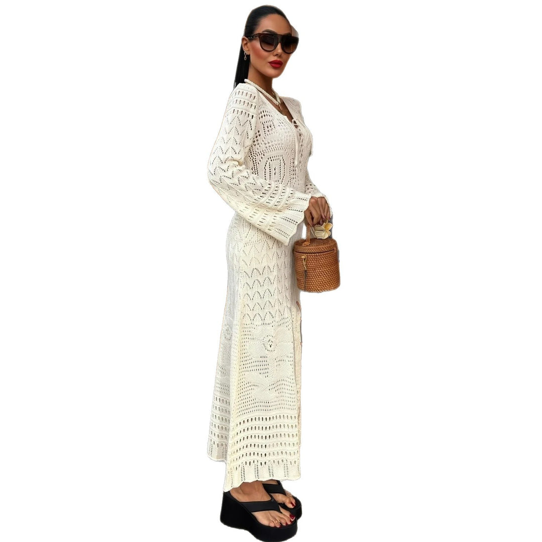 Knit dress for women with a refined lace design and a deep V neckline Lune London