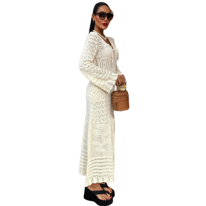 Knit dress for women with a refined lace design and a deep V neckline Lune London