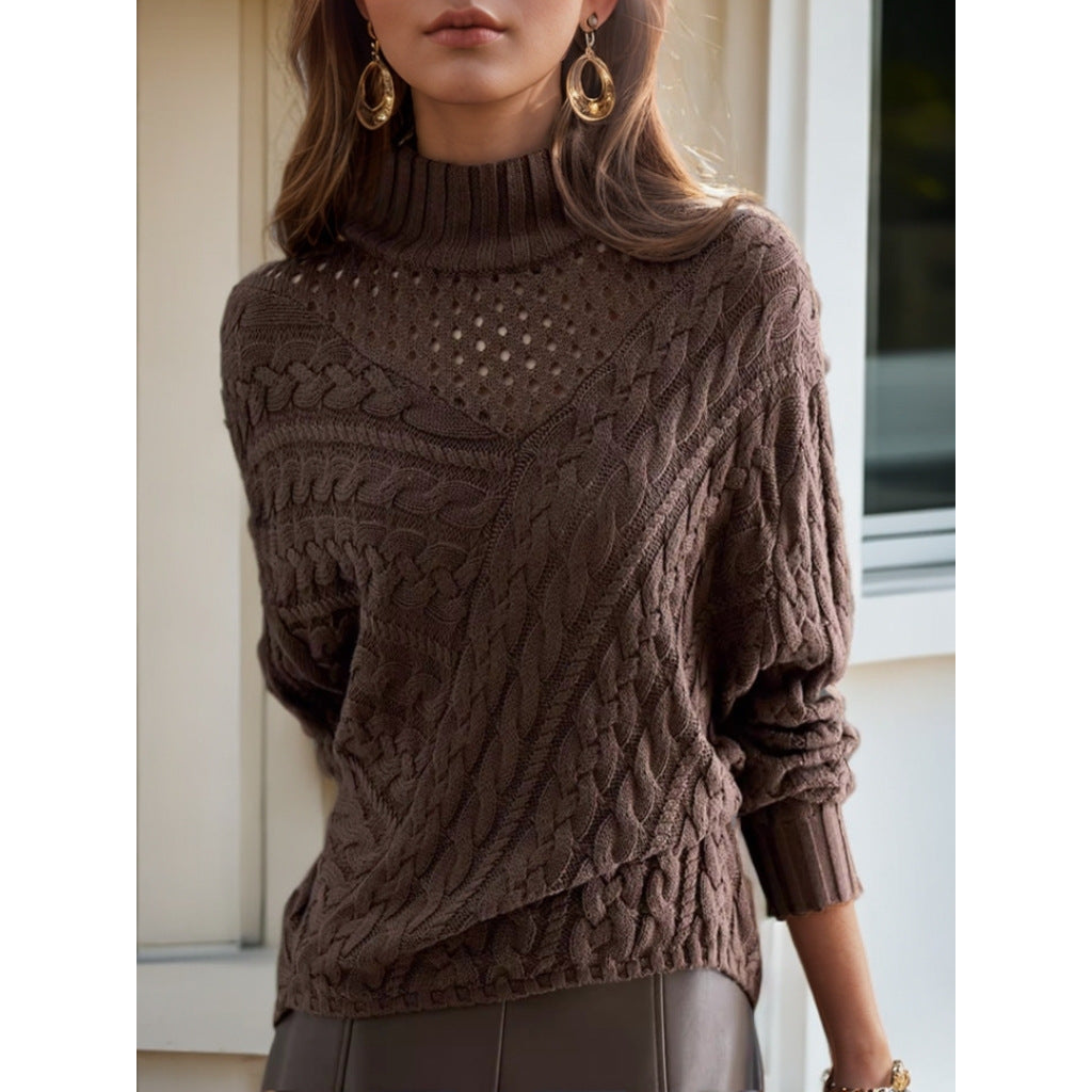 Knitted sweater for women with high collar and detailed cable pattern Lune London
